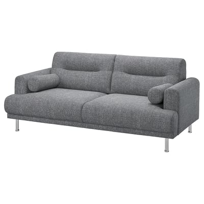 A grey LÅNGARYD sofa with a modern design, featuring round soft shapes and metal legs.
