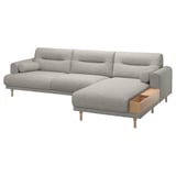Grey LÅNGARYD sectional sofa, light oak legs, soft round shapes, built-in drawer.