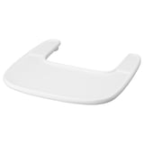 A white plastic tray, designed for a high chair. It is simple and curved with raised edges.