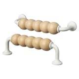 Two wooden handles with light beige, rounded beads and white ends.