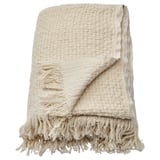 Off-white handwoven throw with fringes. Half cotton, half wool; warm and cozy.