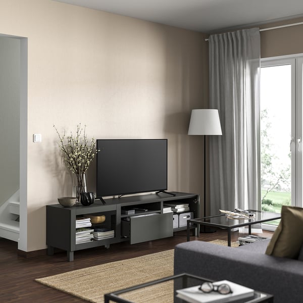 Modern living room dark grey LAPPVIKEN tv stand with sleek design and multiple drawers, suited for organized storage.