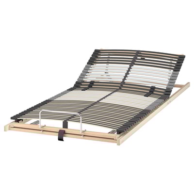 LEIRSUND bed base: adjustable firmness slats, curved support, birch frame, light wood color.