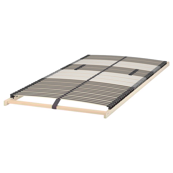 LEIRSUND beige bed base with adjustable slats.