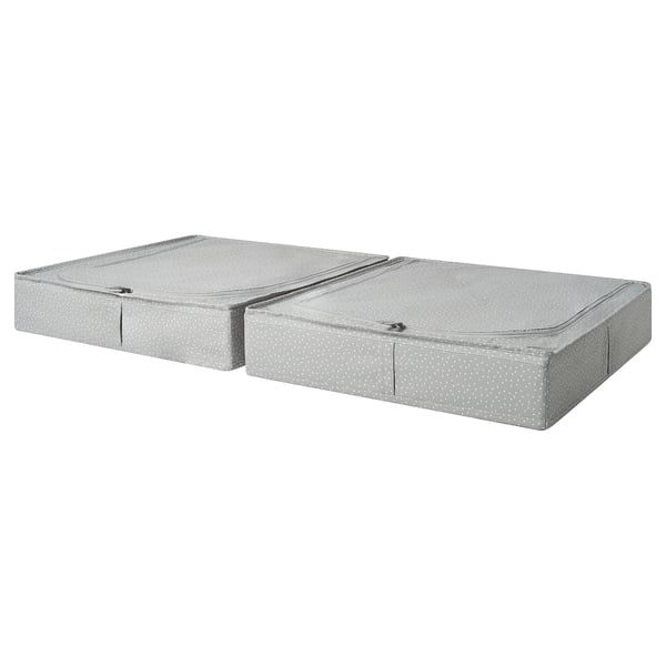 Two gray fabric storage boxes with zippers, for organizing childrens items.
