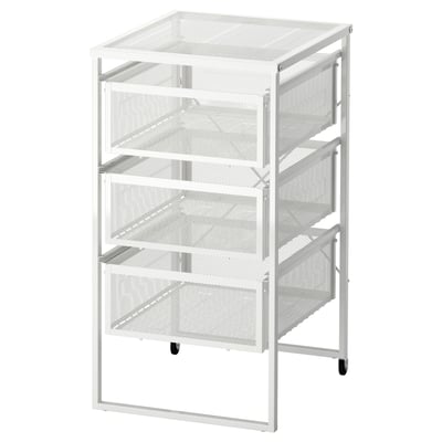 A white LENNART metal drawer unit with three transparent drawers on casters for easy mobility.