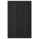 Black LERHYTTAN kitchen cabinet doors feature solid wood with bevelled edges and ash veneer panels, displaying a timeless, rustic design.