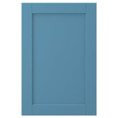 A blue LERHYTTAN cabinet door with a wooden frame and veneer panel, designed for traditional kitchens.
