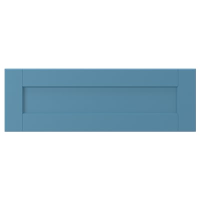 A blue LERHYTTAN drawer front with a wooden frame and veneer panel.