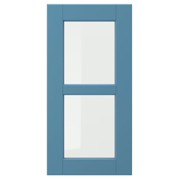 LERHYTTAN blue door with wooden frame and glass panel.