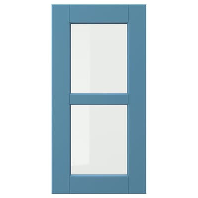 LERHYTTAN blue door with wooden frame and glass panel.