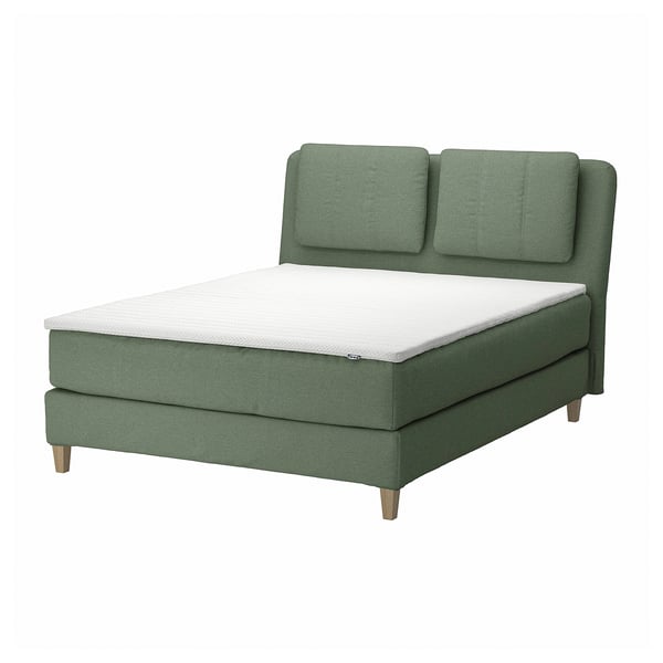 LILLFJÄLLET green bed, sloped headrest, wooden legs, recycled upholstery.