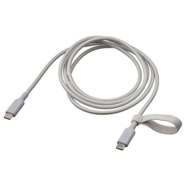 Displays a light grey, braided usb-c cable by LILLHULT. Its 1. 5 m long with rubber ends and an elastic band for tangle-free storage.