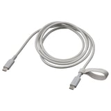 Displays a light grey, braided usb-c cable by LILLHULT. Its 1. 5 m long with rubber ends and an elastic band for tangle-free storage.