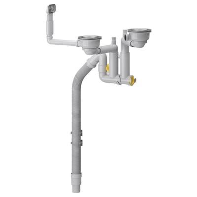 A LILLVIKEN gray plumbing system with tubes and a strainer made of white plastic and stainless steel. It includes a flexible hose and a cleaning plug.