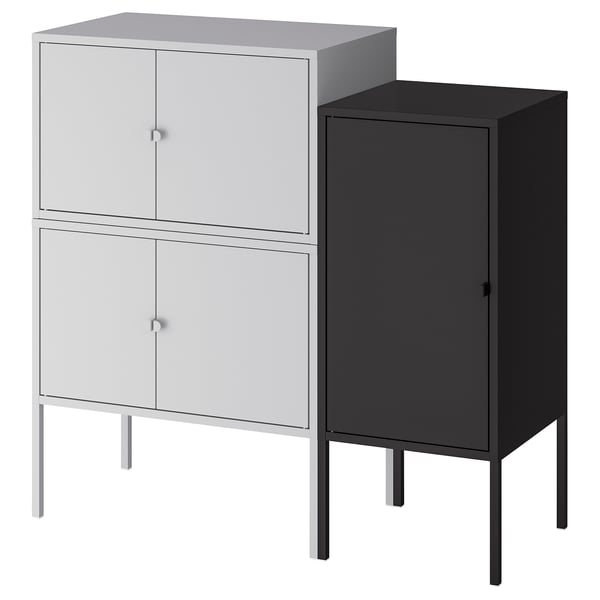 Gray & black cabinets side by side, rectangular with metal legs, multiple doors.