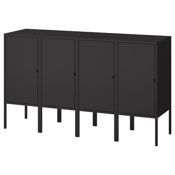A black LIXHULT storage unit with four doors, made of steel, standing on thin metal legs. It has a modern, minimalist design.