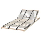 LÖNSET slatted bed base with adjustable comfort zones for spine alignment and movable head end, natural wood colors.