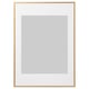 Gold-colored, rectangular picture frame with white mat.