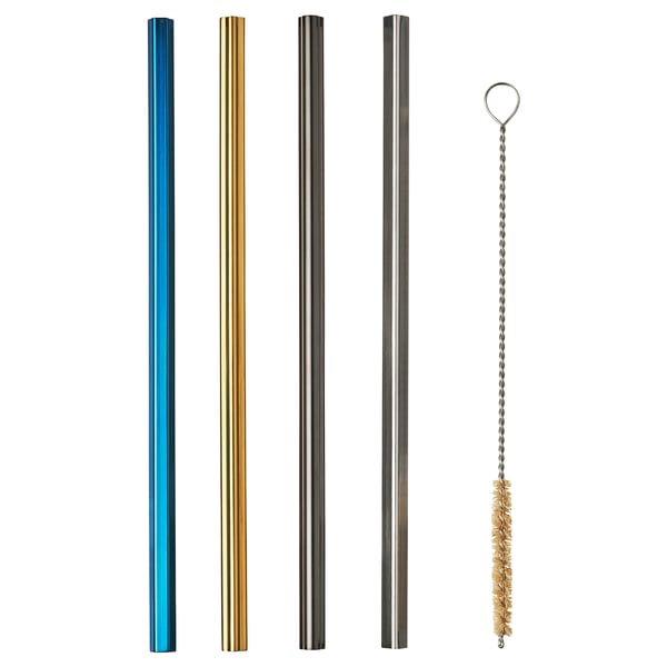 LUFTTÄT straws: blue, gold, black, and silver metallic stainless steel straws with a cleaning brush.