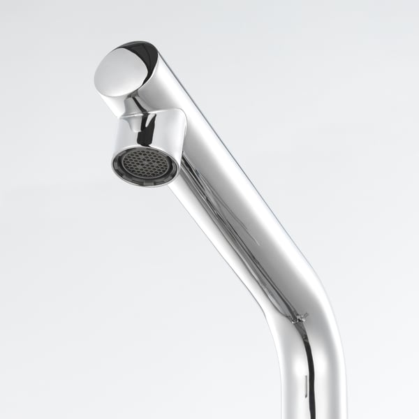 Chrome faucet with curved spout, reflective finish, on white background.
