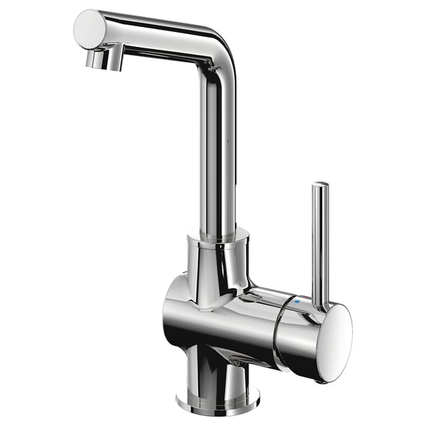 Chrome LUNDSKÄR faucet, sleek modern design with tall spout and cylindrical handle, polished brass finish.