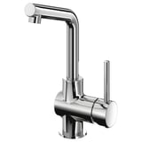 Chrome LUNDSKÄR faucet, sleek modern design with tall spout and cylindrical handle, polished brass finish.