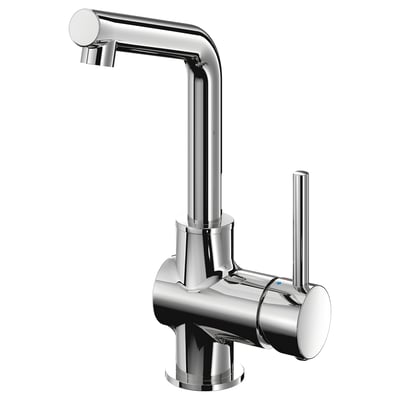Chrome LUNDSKÄR faucet, sleek modern design with tall spout and cylindrical handle, polished brass finish.