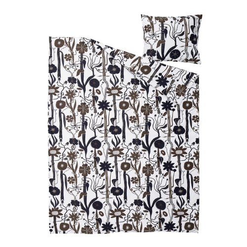 LUNDSKAFTING duvet cover set, white with dark floral print, crisp cotton/lyocell blend, bold botanical design, rectangular with button closure.