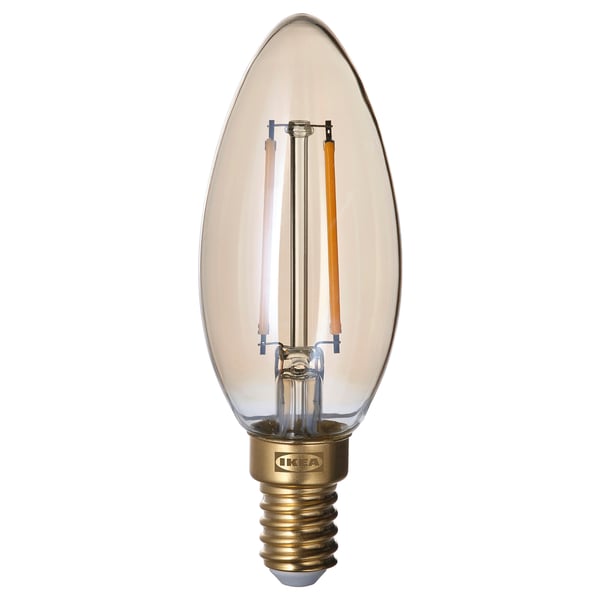 Ikea LUNNOM light bulb, warm white, clear glass, retro style, e14 shape.