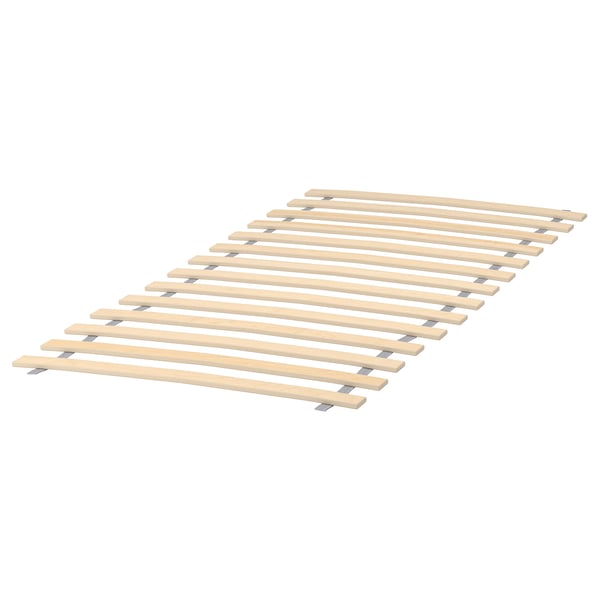 A LURÖY bed frame with 14 birch slats for support, designed for suppleness.