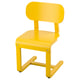 Bright yellow cantilever chair, made of wood with a sleek, curved design for comfort and style.
