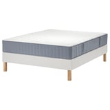 White LYNGÖR bed base with light blue mattress, featuring wooden legs, flat slats, and unique double layer of pocket springs for comfort and support.