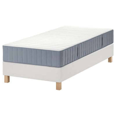 White LYNGÖR twin mattress and base with light blue detail.