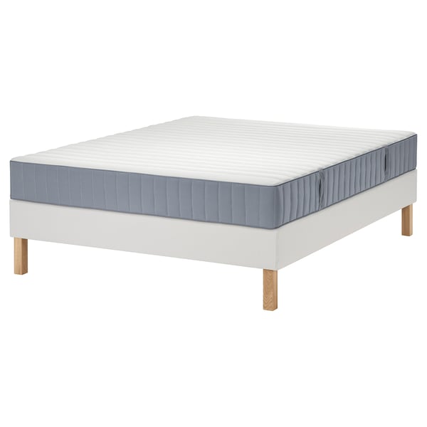 LYNGÖR: rectangle bed base with white, light blue mattress, wooden legs, flat slats, and pocket springs.