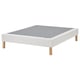 Modern white bed base with light wood legs, square shape, flat slats design for mattress support.