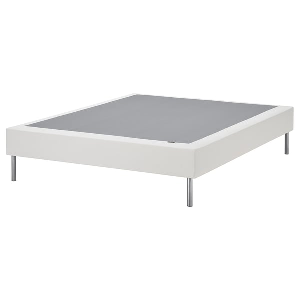White LYNGÖR bed base with metal legs and gray cover.