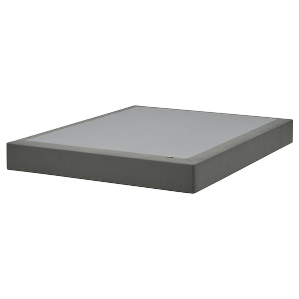 Flat rectangular grey mattress base with removable cover, wooden slats, and simple modern design.