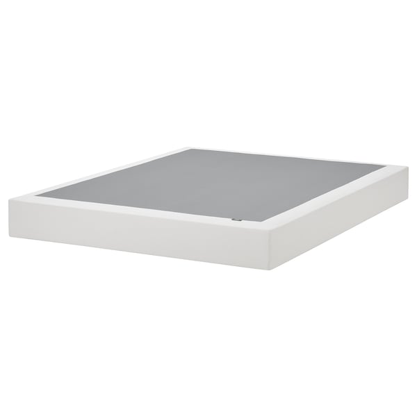 White LYNGÖR mattress base with removable, washable cover, flat slats, and spring core for comfort.