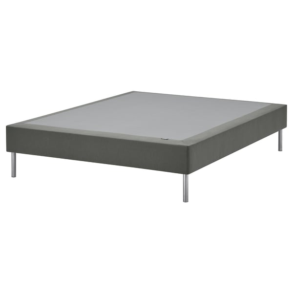 Gray LYNGÖR mattress base with steel legs, rectangular, upholstered.