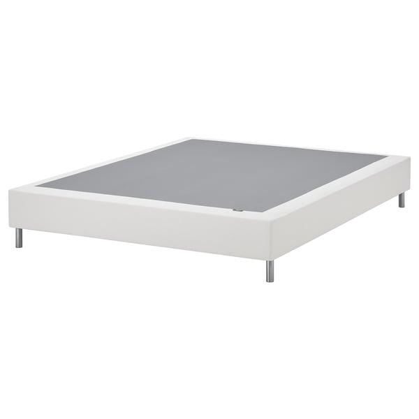 White LYNGÖR bed base, upholstered, square with metal legs.