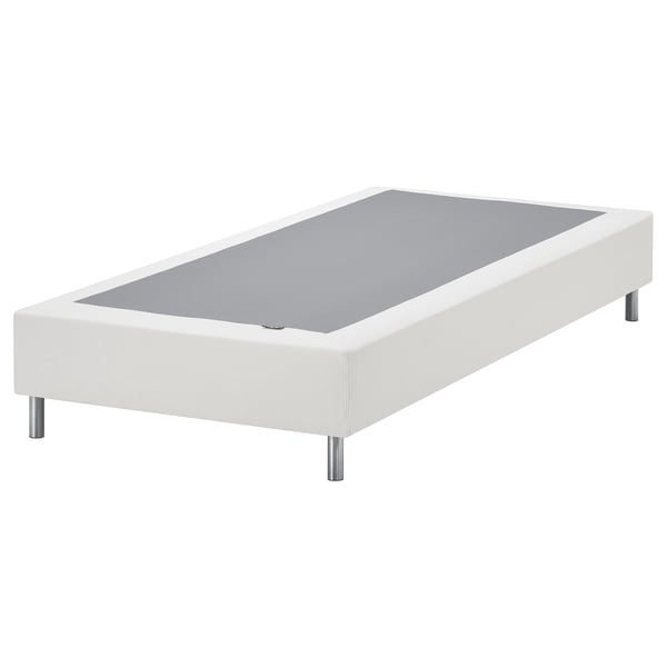 White LYNGÖR bed base. Modern minimalist design with flat slats, stainless steel legs, and removable polyester cover.