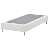 White LYNGÖR bed base. Modern minimalist design with flat slats, stainless steel legs, and removable polyester cover.