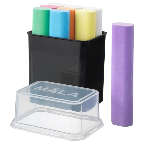 Set of colorful chalks in a black holder with clear lid, designed for kids by MÅLA, various bright colors, non-toxic, cylindrical shape.