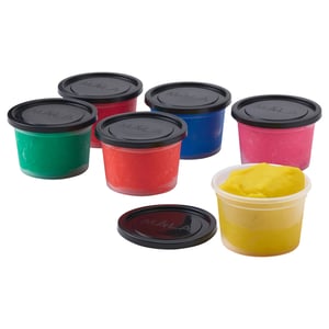 Six colourful plastic containers of MÅLA modelling dough; yellow open, others sealed, in green, red, blue, and pink.