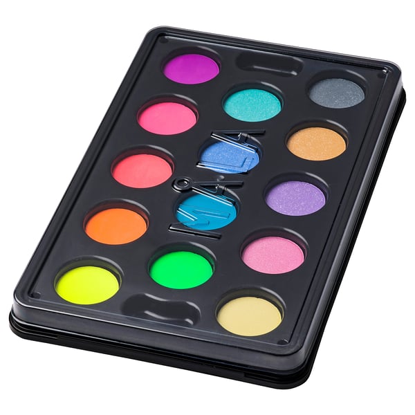 Colorful mâla paintbox with 14 neon hues, rectangular, black case.
