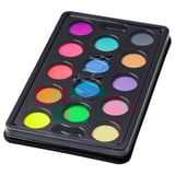 Colorful mâla paintbox with 14 neon hues, rectangular, black case.