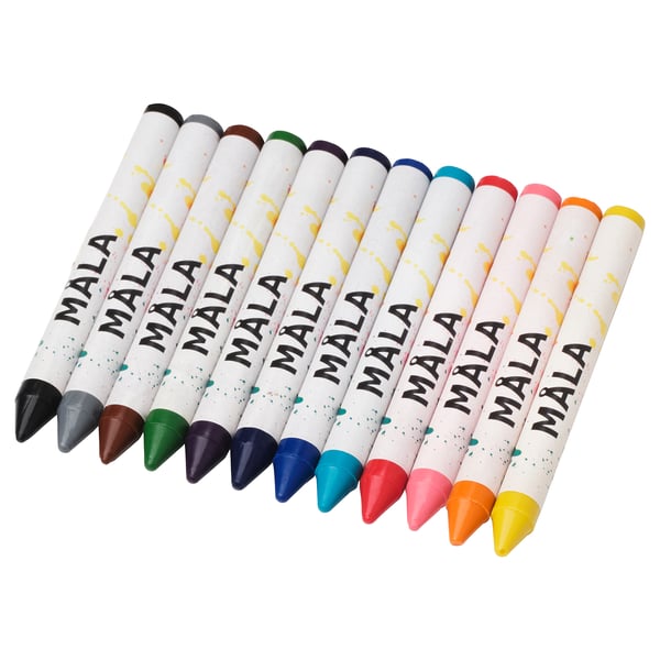 Set of colorful MÅLA crayons in white cases with yellow accents, lined up in a row.