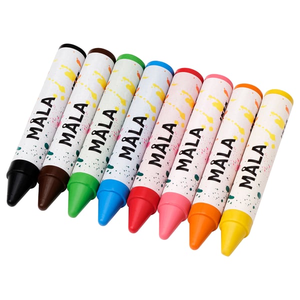 Eight colorful MÅLA crayons, each in different colors and laid out in a row, with white wrapping and splattered paint design.