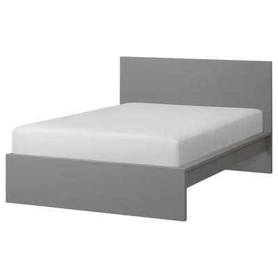 A modern gray MALM bed with a high headboard and a simple design, featuring a white mattress.